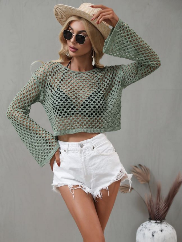 Crochet Spring Summer New Knitwear Bell Sleeve Loose Round Neck Hollow Out Cutout out Sweater Women Bella Mia